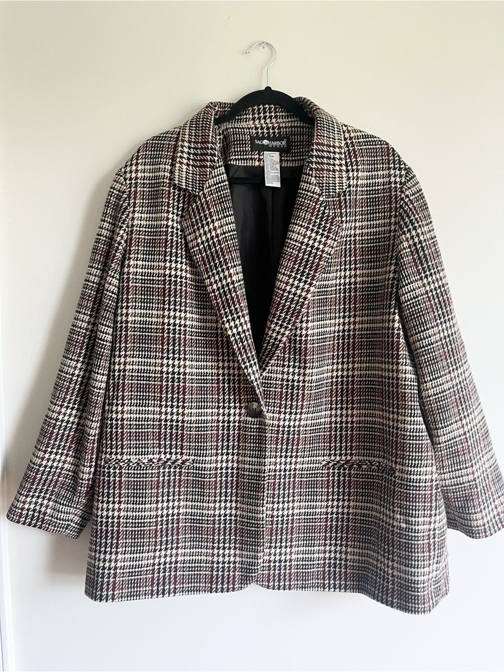 Vintage Sag Harbor Black, White & Burgundy Plaid Women's Coat
